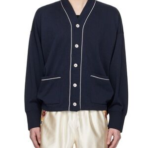 Brooks Brothers Merino Wool Navy Blue Cardigan with White Trim
